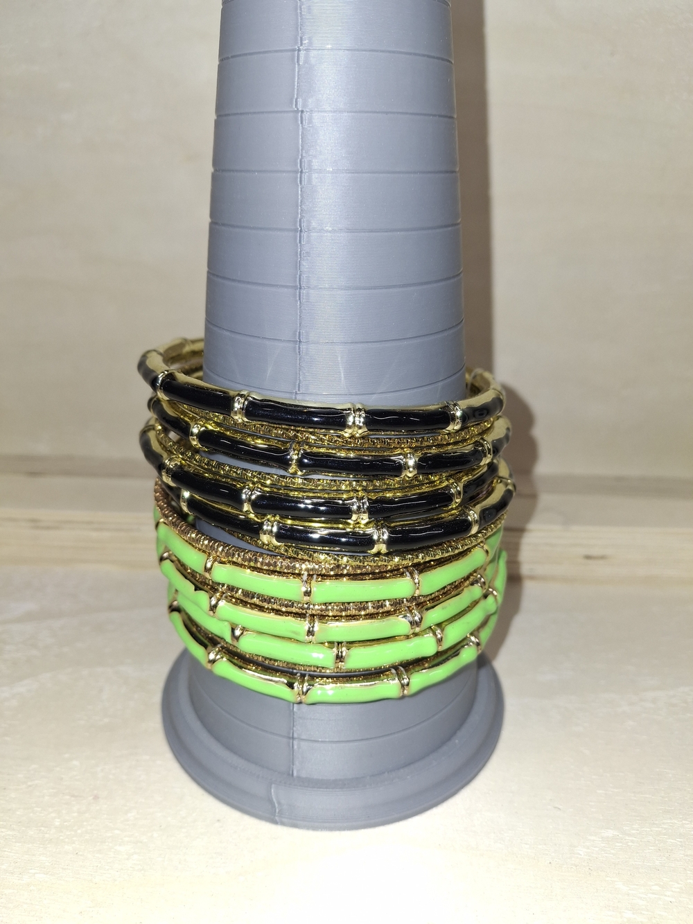 Gold-Plated Stackable Bangle Bracelet Set in Black and Neon Green